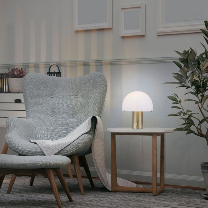 Bordslampa PETRA, retro design med mässingfot och frostad glasskärm, steglös reglerbar - Bild 2