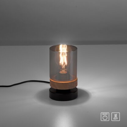 Bordslampa PASQUAL, rökfärgad glascylinder med trädetaljer - Bild 3