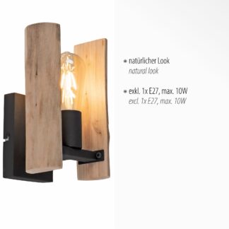 Vägglampa LOG, rustikal belysning, trä svart