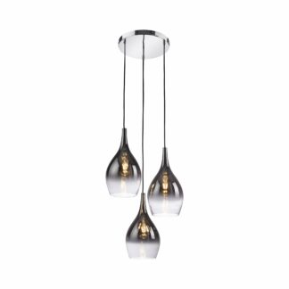 Pendellampa PILUA, elegant 3 lågig pendel, rökfärgad glasdroppar, krom
