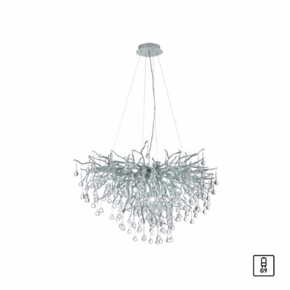Ljuskrona ICICLE, silver, stor pendellampa med kristall, glasdroppar