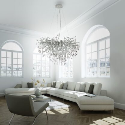 Ljuskrona ICICLE, silver, stor pendellampa med kristall, glasdroppar - Bild 2
