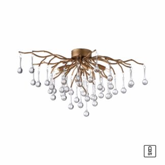 Taklampa ICICLE, unik taklampa, antik mässing, glasdroppar, kristall