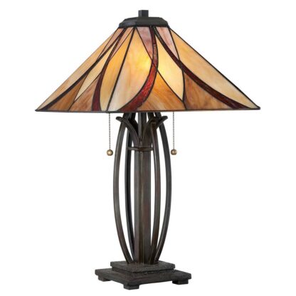 Bordslampa AVILLE - Tiffany lampa, handgjort beige röd brun