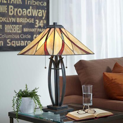 Bordslampa AVILLE - Tiffany lampa, handgjort beige röd brun - Bild 3