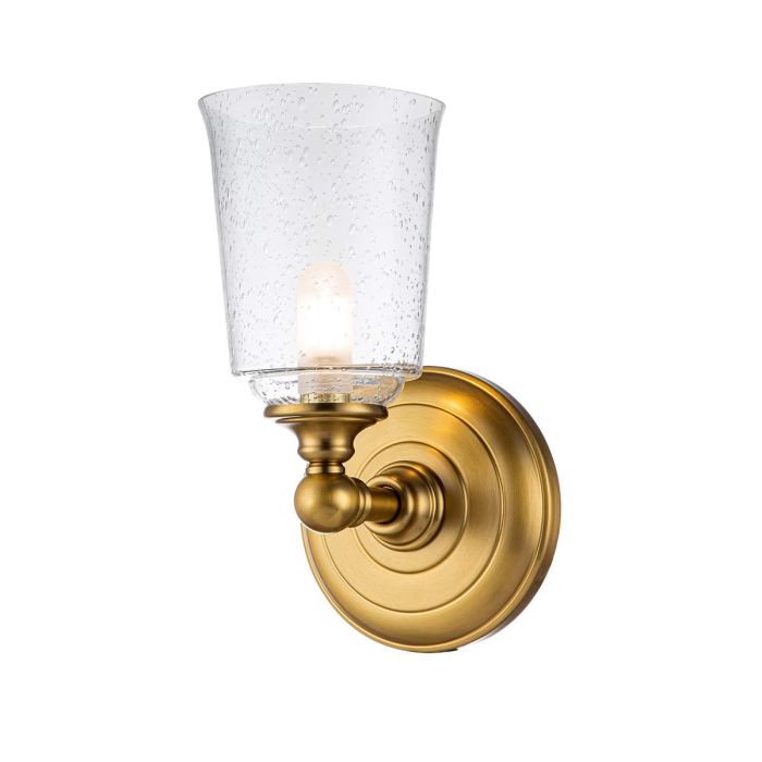 Vägglampa Huguenot Lake 1, mässing, klart blåsigt glas